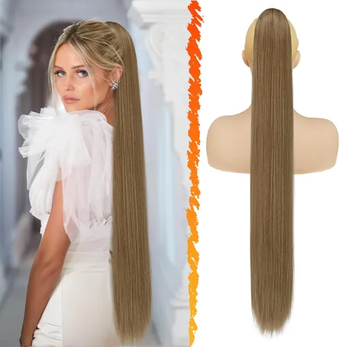 Miniatura 20 de BARSDAR Extensión de cola de caballo corta y recta - Extensiones de pelo con cordón de 16 pulgadas, rubio para mujeres - Extensiones de pelo Rubio