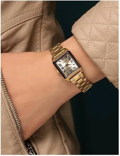 Miniatura 7 de Casio LTP-V007G-9B - Reloj de vestir rectangular de acero inoxidable con esfera dorada romana para mujer, Oro, Movimiento de cuarzo
