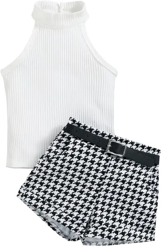 Miniatura 28 de TheFound Trajes de verano para niñas pequeñas, sin mangas, de punto acanalado, halter, pantalones cortos, ropa para recién nacidos, conjunto de 3