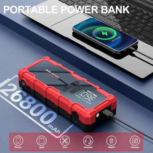 Miniatura 3 de Arrancador de 8000A con compresor de aire, 26800mAh 150PSI arrancador portátil de batería de automóvil (toda gasolina/16L diésel), 12V Supersafe