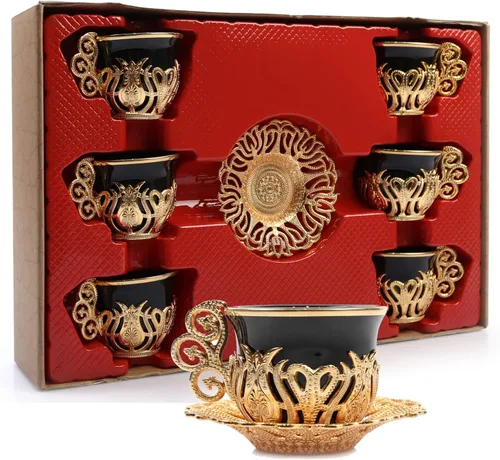 Alisveristime Juego de 12 tazas de café turco griego árabe café expreso taza platillo de porcelana (negro dorado)