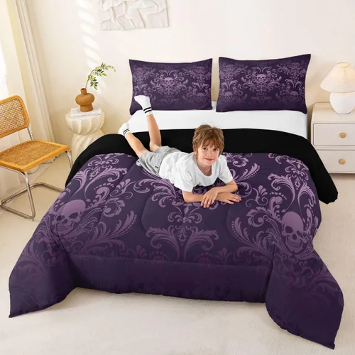 Miniatura 3 de Juego de ropa de cama de damasco violeta salmón para adultos, juego de edredón barroco victoriano antiguo, tamaño Queen, edredón floral gótico Multi