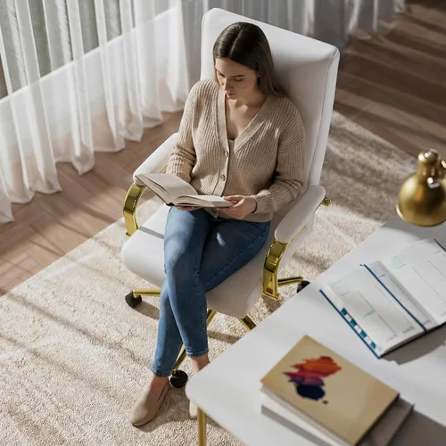 Miniatura 3 de GXJ Silla de oficina blanca y dorada de espuma viscoelástica, sillas de escritorio de cuero blanco con ruedas y brazos, silla de oficina ejecutiva