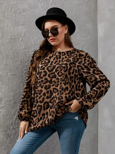 Miniatura 3 de OYOANGLE Blusa de manga larga con estampado de leopardo para mujer, talla grande, blusa suelta