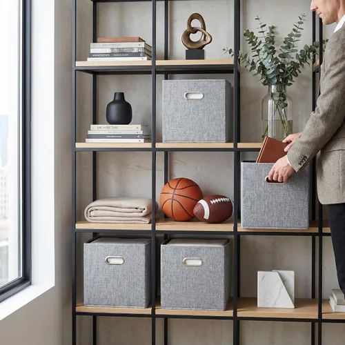 Miniatura 12 de Cubos de almacenamiento de tela gris de 12 x 12 pulgadas, paquete de 4 cubos organizadores plegables con aspecto de lino con asas, cestas plegables