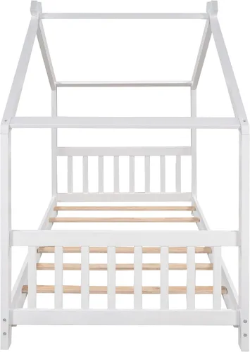 Miniatura 5 de Camas de madera Montessori tamaño individual, cama de plataforma para niños con cabecero y estribo, cama de tienda de campaña, no necesita somier