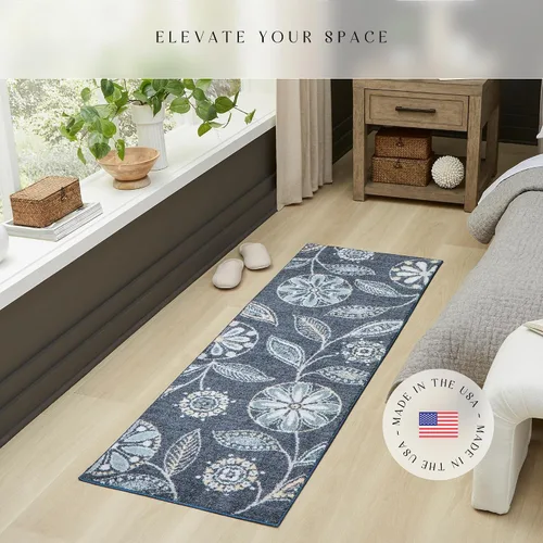 Miniatura 3 de Alfombra antideslizante Maples Rugs Reggie, tapete para pasillo, entrada, con diseño floral (fabricado en Estados Unidos) 2 x 6, color azul persa