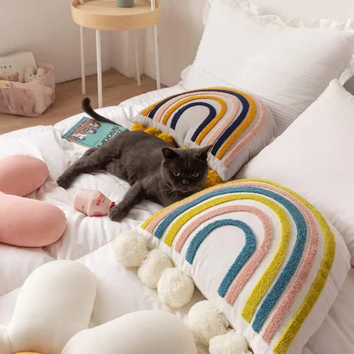 Miniatura 4 de vctops Cojín decorativo de algodón con borlas y estilo bohemio arco iris con relleno de almohada para sofá, cama, sala de estar