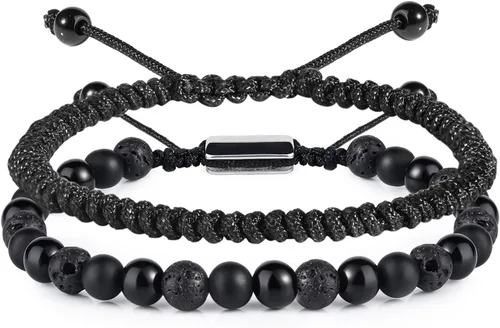 Miniatura 22 de Pulseras de cuentas negras para hombres y niños: 0.236 in de obsidiana ónix cuentas de lava para hombre conjunto de pulseras para hombre - Genial