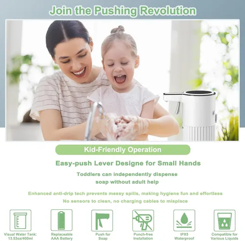 Miniatura 4 de Push-Activated Automatic Foaming Soap Dispenser,Soap Dispenser for Kitchen,Continuous Flow Control 400ml Capacity,AA Battery Powered Waterproof