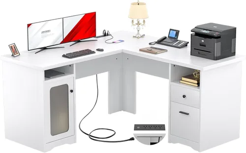 Miniatura 9 de Unikito Escritorio de oficina en forma de L con cajón, escritorio para computadora de 60 pulgadas con toma de corriente y puerto de carga USB, Negro