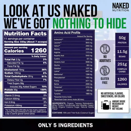 Miniatura 5 de Polvo de proteína natural para ganar masa muscular Naked Mass, 8 libras a granel, sin OMG, sin gluten, sin soya Sin Ingredientes Artificiales, 1250