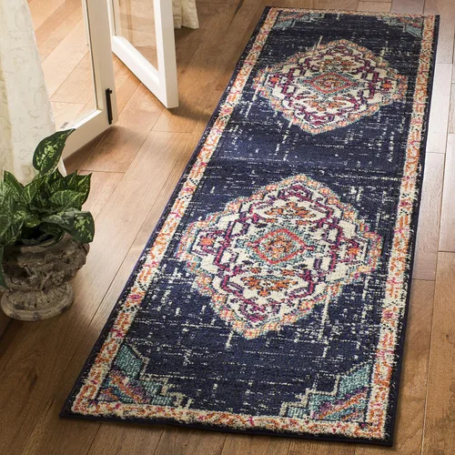 SAFAVIEH Colección Monaco - Alfombra para corredor, 2.2 x 8 pies, color negro y azul, diseño bohemio chic de medallón envejecido, no desprende