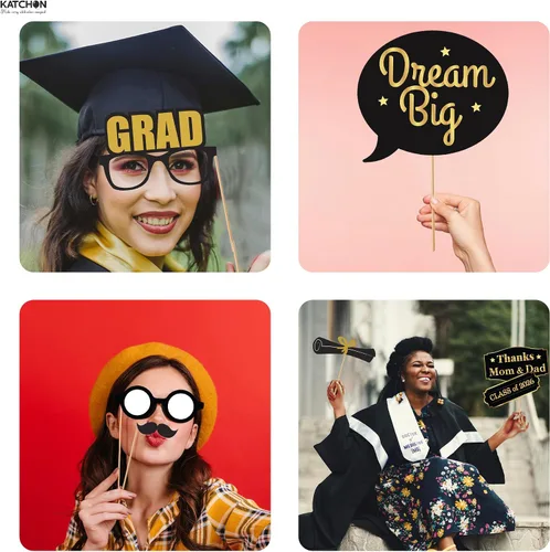 Miniatura 7 de KatchOn, Accesorios para cabina de fotos de graduación – Paquete de 40 Accesorios de fotos de graduación negro y dorado, decoraciones