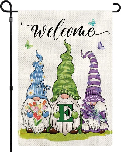 Miniatura 10 de Bandera de jardín con monograma de flores de gnomos de primavera, bandera de gnomo floral con letra inicial, bandera de bienvenida de primavera