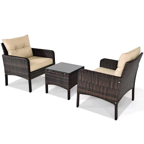 Miniatura 7 de KOTEK Juego de muebles de patio de 3 piezas, juego de muebles de mimbre para exteriores con 4 cojines, juego de muebles de ratán PE para todo tipo