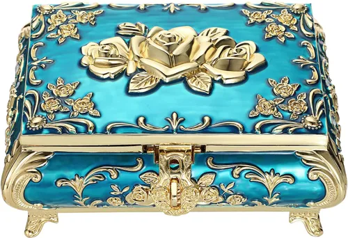 Hipiwe Joyero decorativo de metal, caja de tesoro vintage, organizador de joyas, aretes, collar, pulsera, caja de almacenamiento para anillos, caja