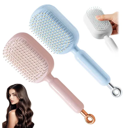 Miniatura 8 de Cepillo de pelo autolimpiante, cepillo retráctil con cerdas de masaje, peine antiestático fácil de limpiar para todo tipo de cabello, cepillo de Azul