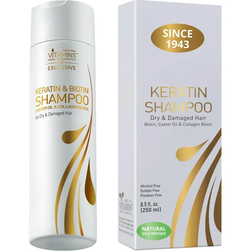 Vitamins - Champú de queratina para tratamiento capilar con biotina, proteína de colágeno y aceite de ricino para cabello rizado, ondulado y lacio,