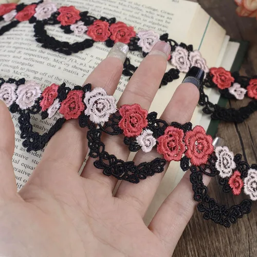 Miniatura 5 de Cinta de encaje bordada con flores negras para coser manualidades, boda, 3.5 yardas