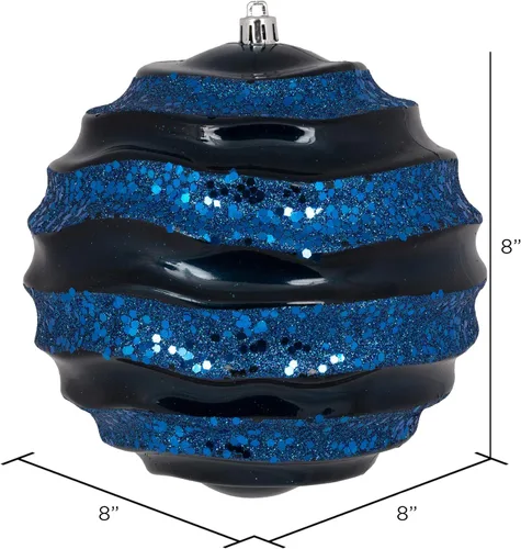 Miniatura 5 de Vickerman Esfera ondulada de adorno de Navidad de 6 pulgadas, acabado de caramelo a rayas azul medianoche con detalles de purpurina, plástico
