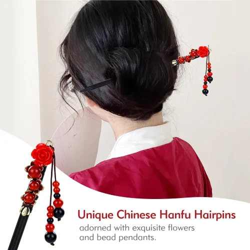 Miniatura 4 de inSowni 8 piezas vintage retro asiático, japonés, chino, tradicional, Hanfu con flores de madera con colgantes de cuentas, horquillas