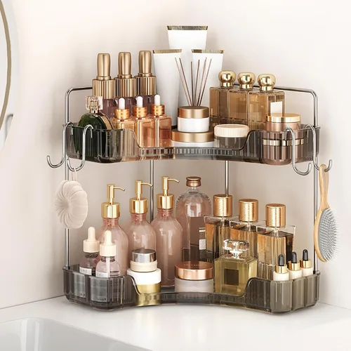 Miniatura 14 de Organizador de esquina para encimera de baño, organizador de baño de 2 niveles y encimera de almacenamiento con ganchos, cuidado de la piel