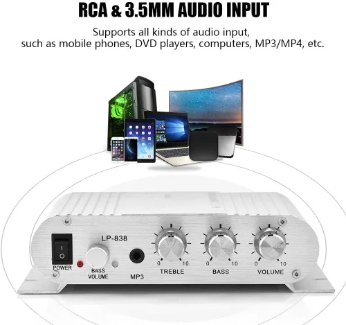Miniatura 3 de Mini amplificador de potencia de audio estéreo HiFi 2.1, amplificador digital profesional para automóvil o hogar, plateado