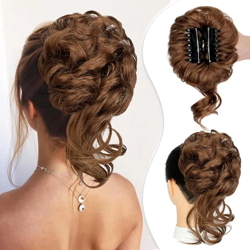 Pinza de garra, moño y cola de caballo desordenada para mujer, moños ondulados/rizados, color marrón claro