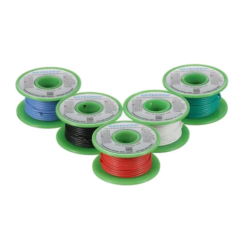 BNTECHGO Kit de alambre de silicona de calibre 20, rojo, negro, blanco, azul y verde, cada cable de cobre estañado trenzado de 25 pies y 20 AWG
