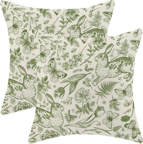 Miniatura 43 de CXMEIFLY Juego de 2 fundas de almohada de Pascua de 18 x 18 pulgadas para decoración vintage de conejo, con lazo de primavera, conejo, para Pascua02