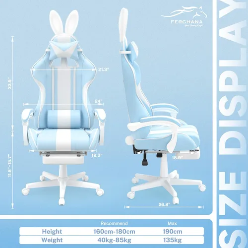 Miniatura 3 de Ferghana Kawaii - Silla de juegos azul claro con orejas de conejo, ergonómica y bonita silla para jugadores con reposapiés y masaje, silla