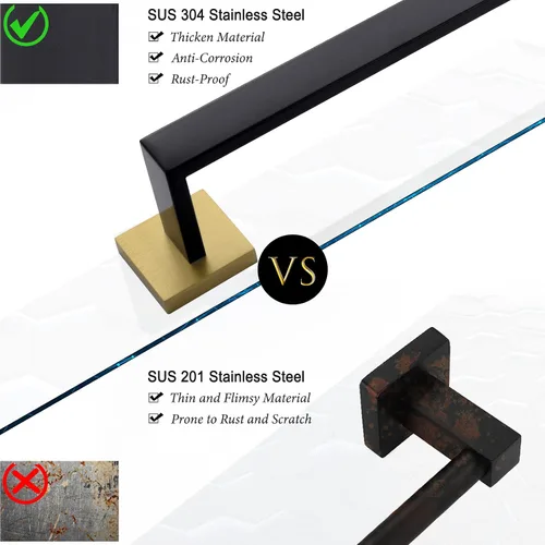 Miniatura 3 de TQKAG Toallero individual negro y dorado de 23.6 pulgadas, toallero de baño de acero inoxidable montado en la pared, colgador de toallas de baño.