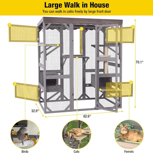 Miniatura 3 de Ventana Catio Outdoor Cat Recinto Casa grande para gatos Walk In, Refugio para Gatitos, Con Caja de Descanso, Gris