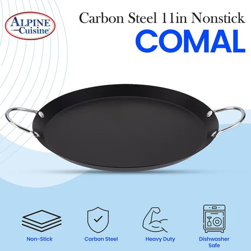 Miniatura 5 de Alpine Cuisine Plancha redonda antiadherente de 11 pulgadas, parrilla de acero al carbono negro con doble asa, duradera, resistente para cocinar