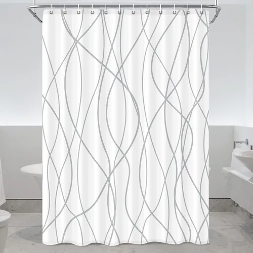 Miniatura 21 de Juego de cortinas de ducha azul egeo para baño con ganchos, cortinas de baño decorativas repelentes al agua y lavables con rayas blancas, 72 x 72