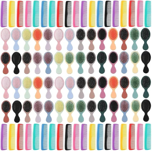 Gerrii Juego de 112 mini peines para cabello húmedo, 56 cepillos desenredantes de viaje de bolsillo pequeño, 56 peines anchos de plástico colorido,