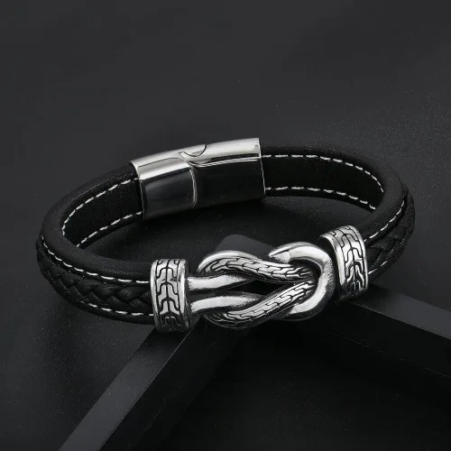 Miniatura 2 de Pulsera de cuero con nudo infinito para hombre, acero inoxidable, negromarrón, cuero genuino, trenzada, pulsera de joyería para hombres, padre