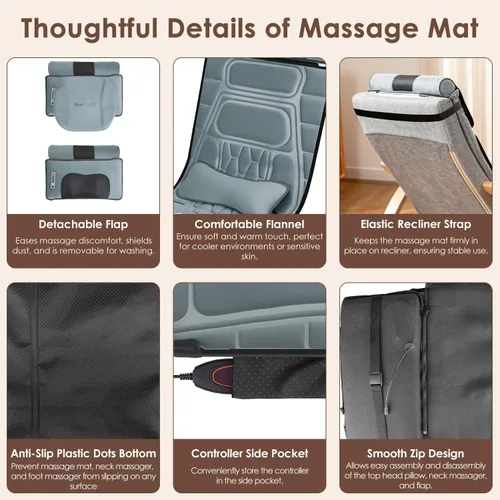 Miniatura 7 de Alfombrilla de masaje de cuerpo completo con calor y almohada masajeadora de espalda Shiatsu movible y masajeador de pies, almohadilla de colchón
