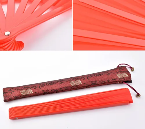 Miniatura 3 de Ventilador de mano plegable de baile, 13 pulgadas, color rojo, grande, chino, Kung Fu Tai Chi, plástico y nailon para hombres y mujeres