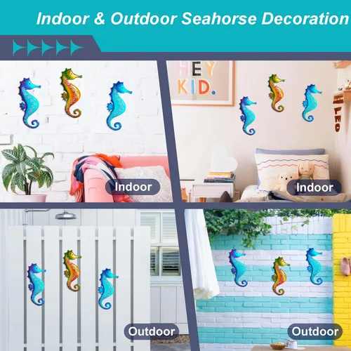 Miniatura 5 de POXOH - Juego de 3 decoraciones de pared de caballito de mar de metal, temática costera del océano de vida marina para interiores y exteriores, arte