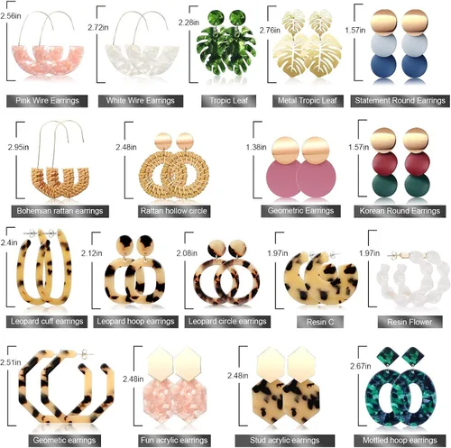 Miniatura 8 de FIFATA 30 pares de aretes de ratán para mujeres y niñas, aretes de aro dorados divertidos de acrílico, aretes colgantes de resina de moda