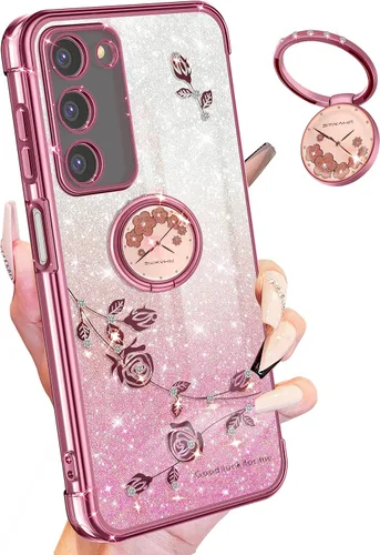 Miniatura 9 de Funda para Samsung Galaxy S22 Ultra con purpurina brillante para mujeres y niñas, cubierta de teléfono morada, diseño floral con anillo de flores