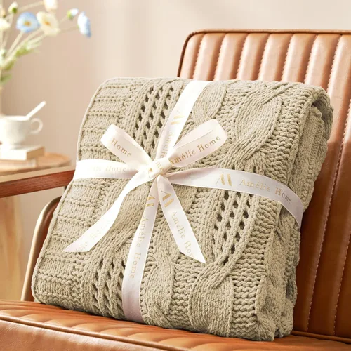 Miniatura 8 de Amélie Home Manta de Tiro de Punto Grueso, Manta de Chenilla Suave de Doble Cara Transpirable con Tejido de Cable para Sofá, Manta Decorativa