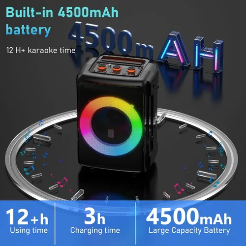 Miniatura 5 de Máquina de karaoke HWWR con 2 micrófonos, altavoz Bluetooth portátil para adultos, altavoz para fiestas en casa con luz DJ para exteriores, eventos