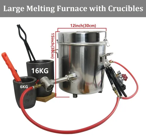 Miniatura 2 de Kit de Horno de Fundición de Propano de 16KG/35LBS, Horno de Fundición de Metal de Doble Quemador con Crisol (16KG y 6KG), Hasta 2642℉, Horno