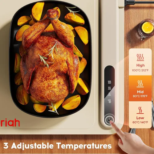 Miniatura 3 de Esterilla de calentamiento para alimentos, bandeja de calentamiento eléctrica Voriah con 3 ajustes de temperatura y apagado automático, calentador