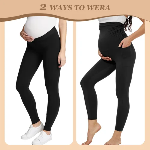 Miniatura 4 de QGGQDD Paquete de 2 leggings de maternidad sobre el vientre con bolsillos, pantalones negros de cintura alta para entrenamiento, embarazo