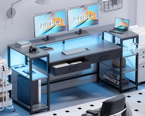 Miniatura 13 de Pamray Escritorio para computadora de 58 pulgadas con soporte para monitor y estantes, escritorio para juegos con luces LED y tomas de corriente