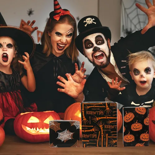 Miniatura 7 de AnyDesign 12 hojas de papel de regalo de Halloween, no se enrolla, diseño de calabaza, murciélago, telaraña, sombrero de bruja, papel de arte, papel